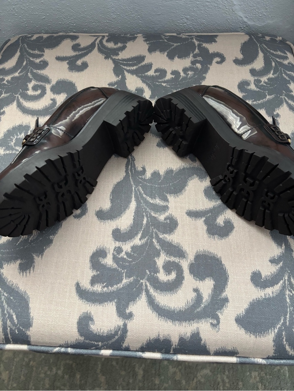 Sam Edelman Brown Patent Leather Lug Sole Loafers with Gold Bit - Picture 2 of 4